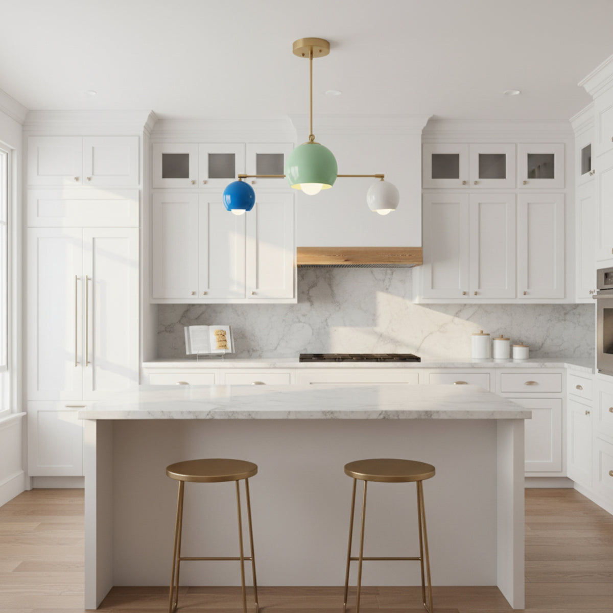 Geneva 3 light sculptural chandelier featuring a mint green central dome with blue and white side shades on a brass-tone frame.