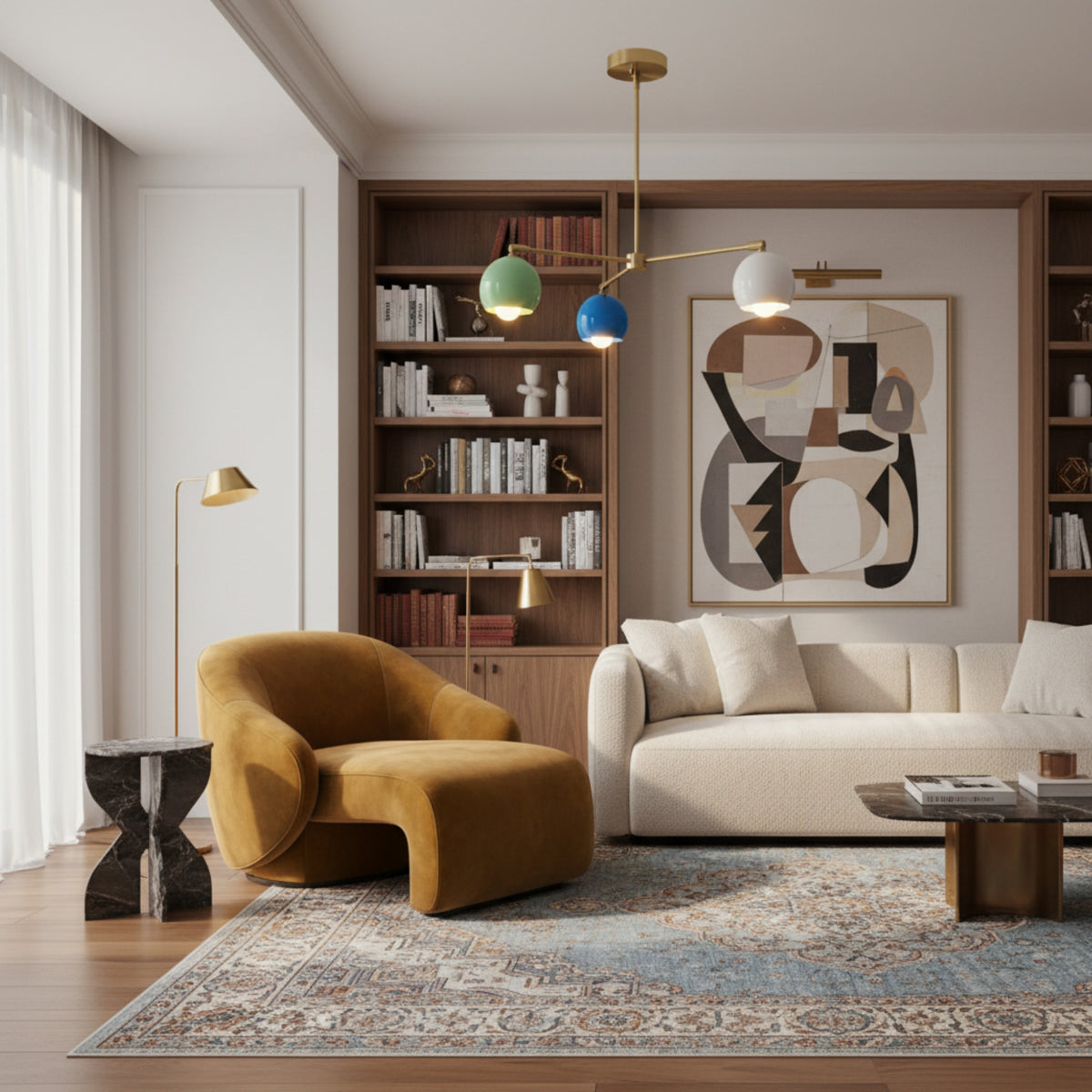 Geneva 3 light multicolor chandelier shown from the side highlighting its asymmetric brass-tone arms and rounded dome shades.