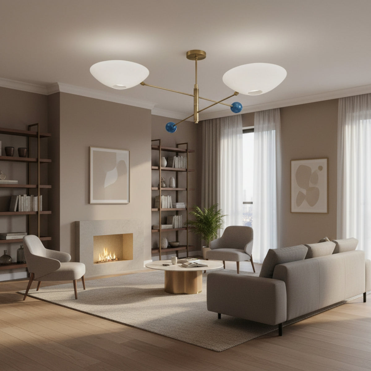 Geneva 2 light sculptural chandelier shown from the front with crossed brass arms, white bowl shades and blue decorative accents.
