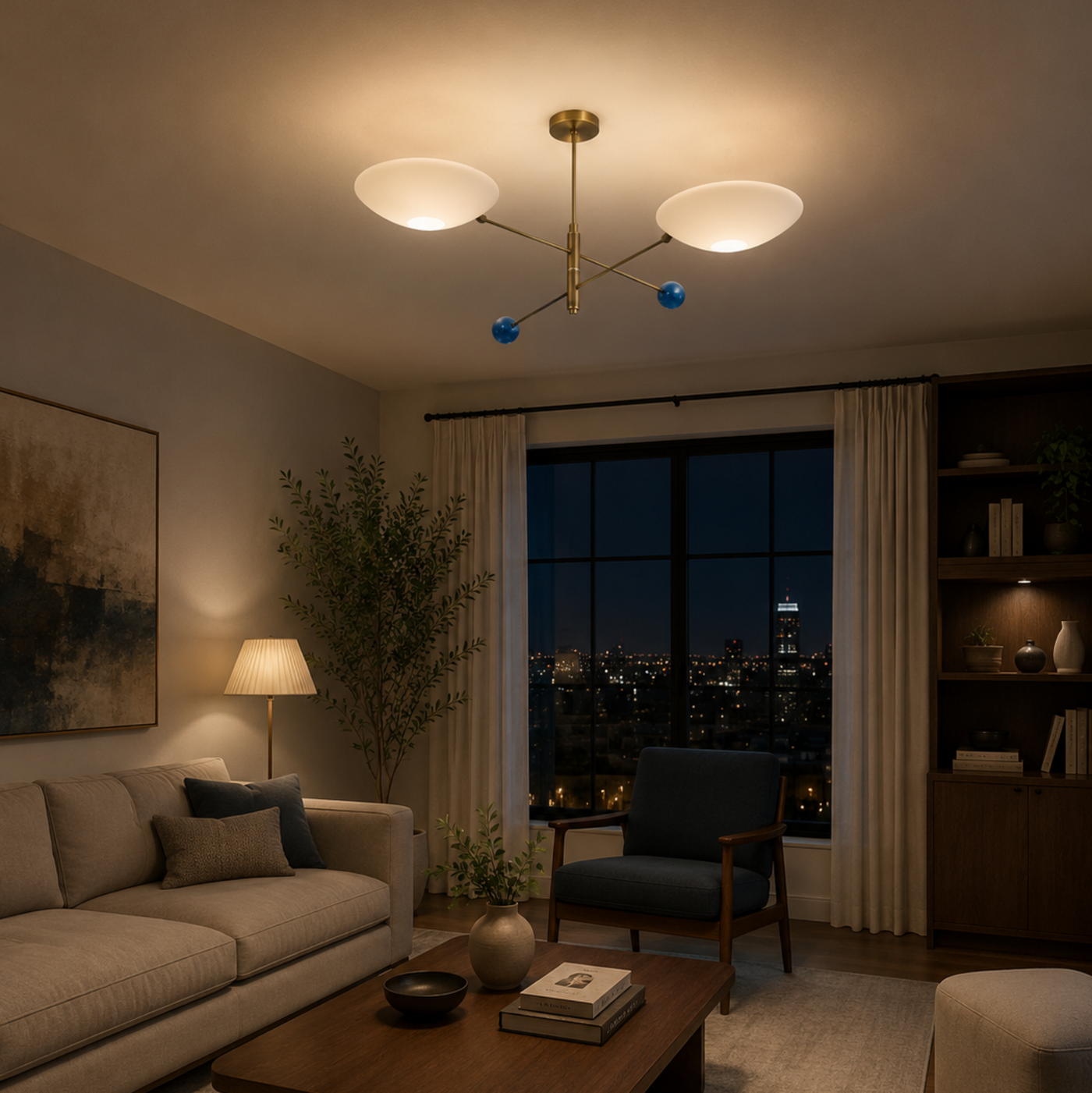 Geneva 2 light sculptural brass chandelier installed in a modern living room with illuminated white bowl shades and blue accents.