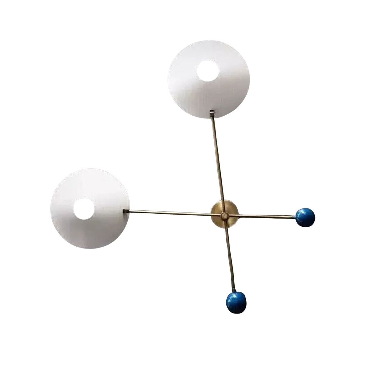 Geneva 2 light sculptural brass chandelier shown from the top with two white bowl shades and blue decorative sphere accents.