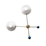 Geneva 2 light sculptural brass chandelier shown from the top with two white bowl shades and blue decorative sphere accents.