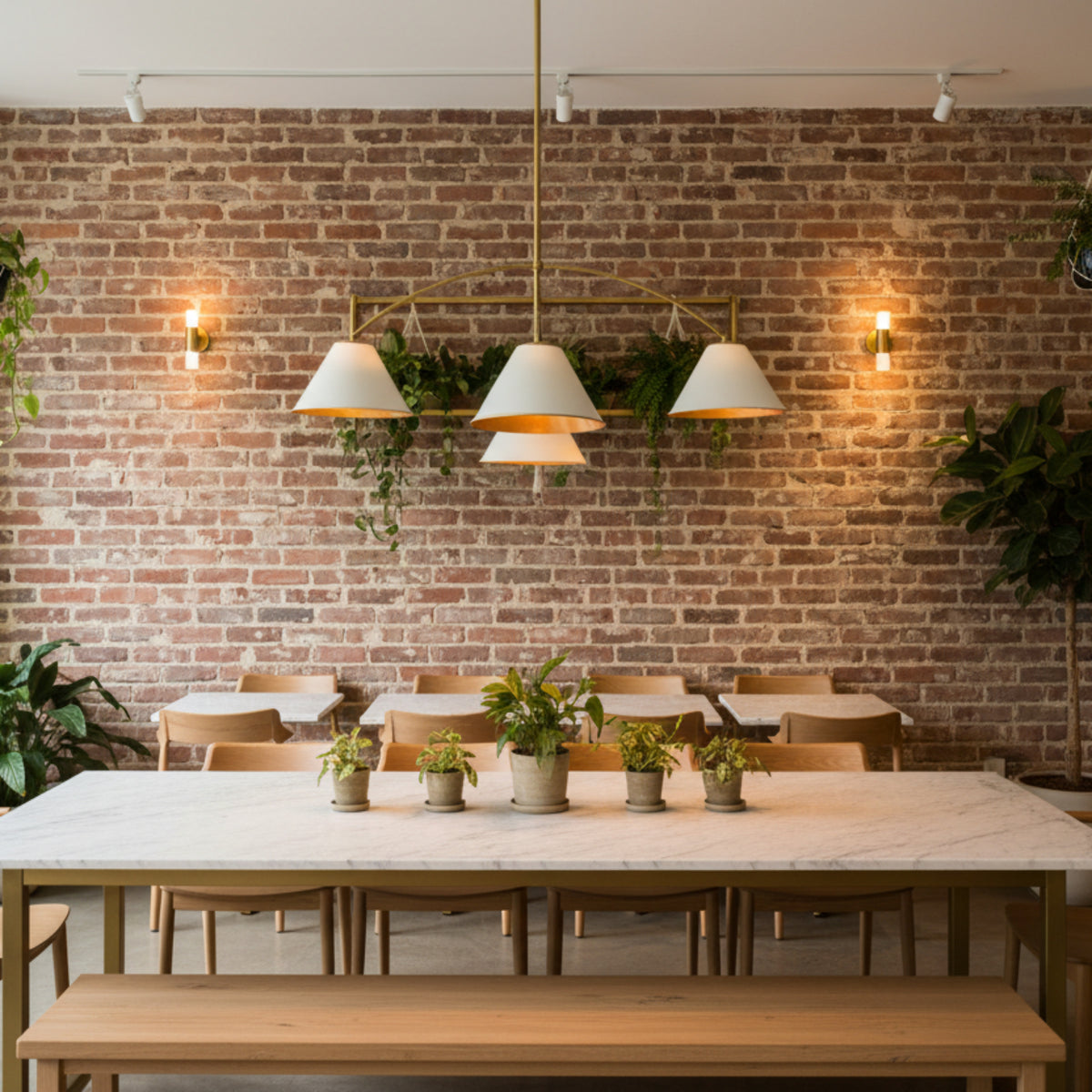 Genoa 4 light white and brass chandelier shown from an alternate front view with sweeping curved arms and asymmetrical cone shades.
