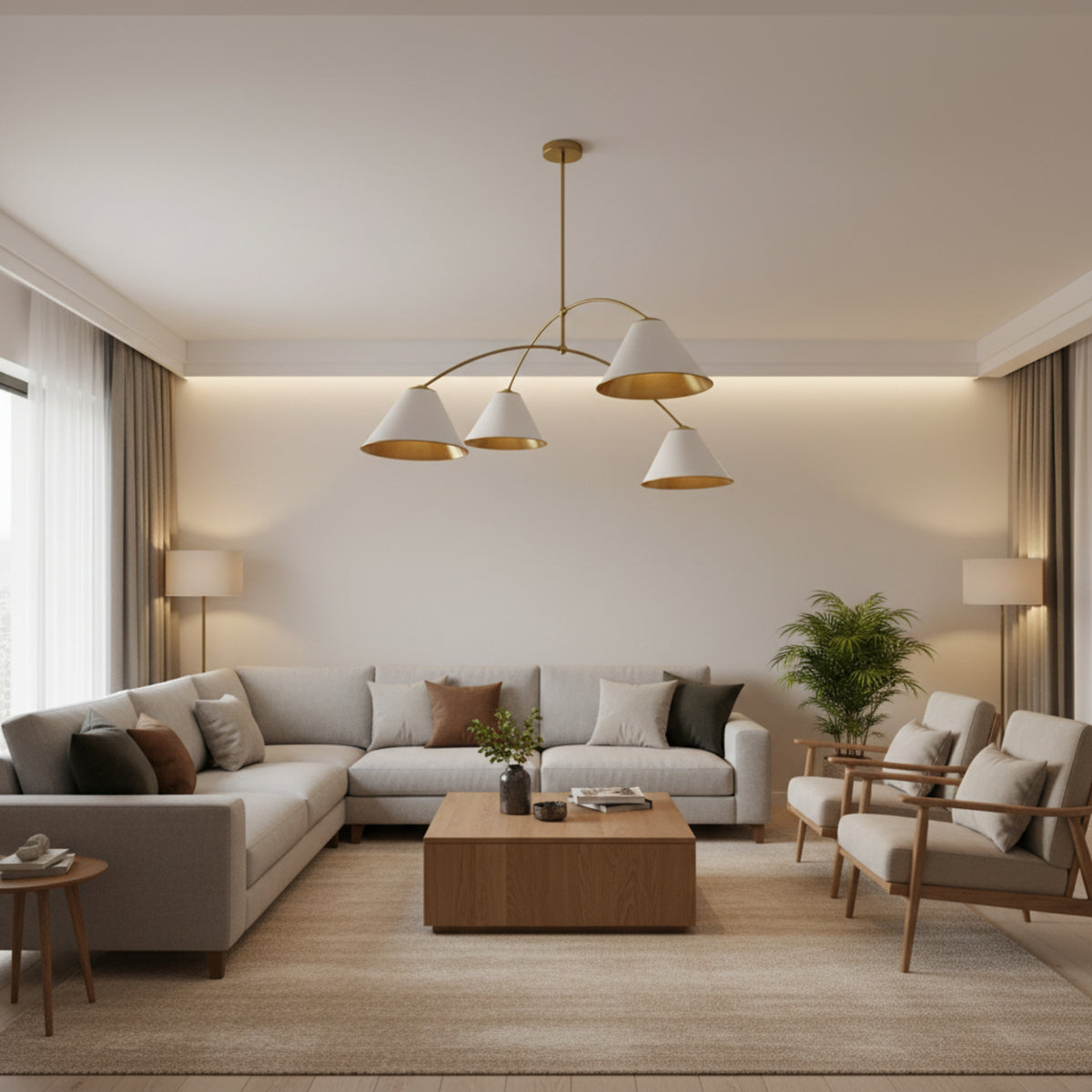Genoa 4 light chandelier shown from an angled view with asymmetrical curved brass-tone arms and white tapered cone shades.