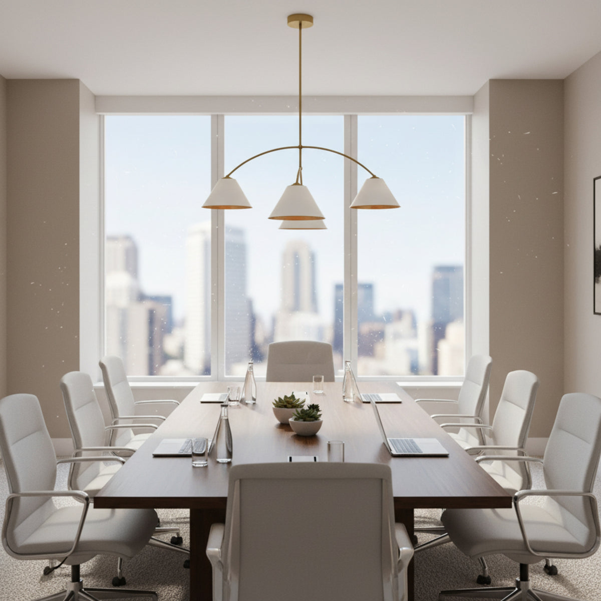 Genoa 4 light sculptural chandelier with white cone shades and warm brass interiors shown illuminated from an angled view.