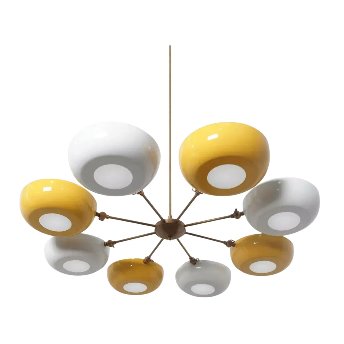 Angled view of the Genoa 8-light chandelier highlighting its sculptural radial design, colorful bowl shades, and circular white underside diffusers.