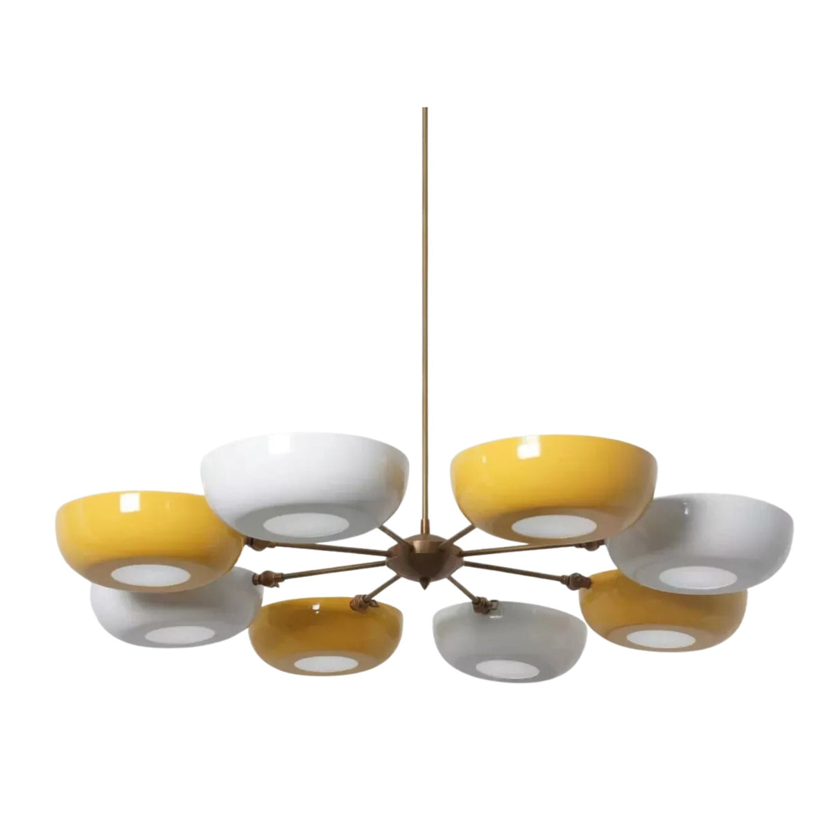 Genoa 8-light sculptural chandelier featuring glossy yellow and white rounded bowl shades arranged around a central brass-tone hub.