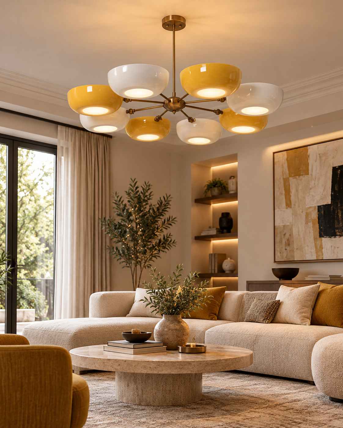Genoa 8-light Mid-Century Modern chandelier with yellow and white bowl shades illuminating a contemporary living room with a cream sectional sofa and round stone coffee table.