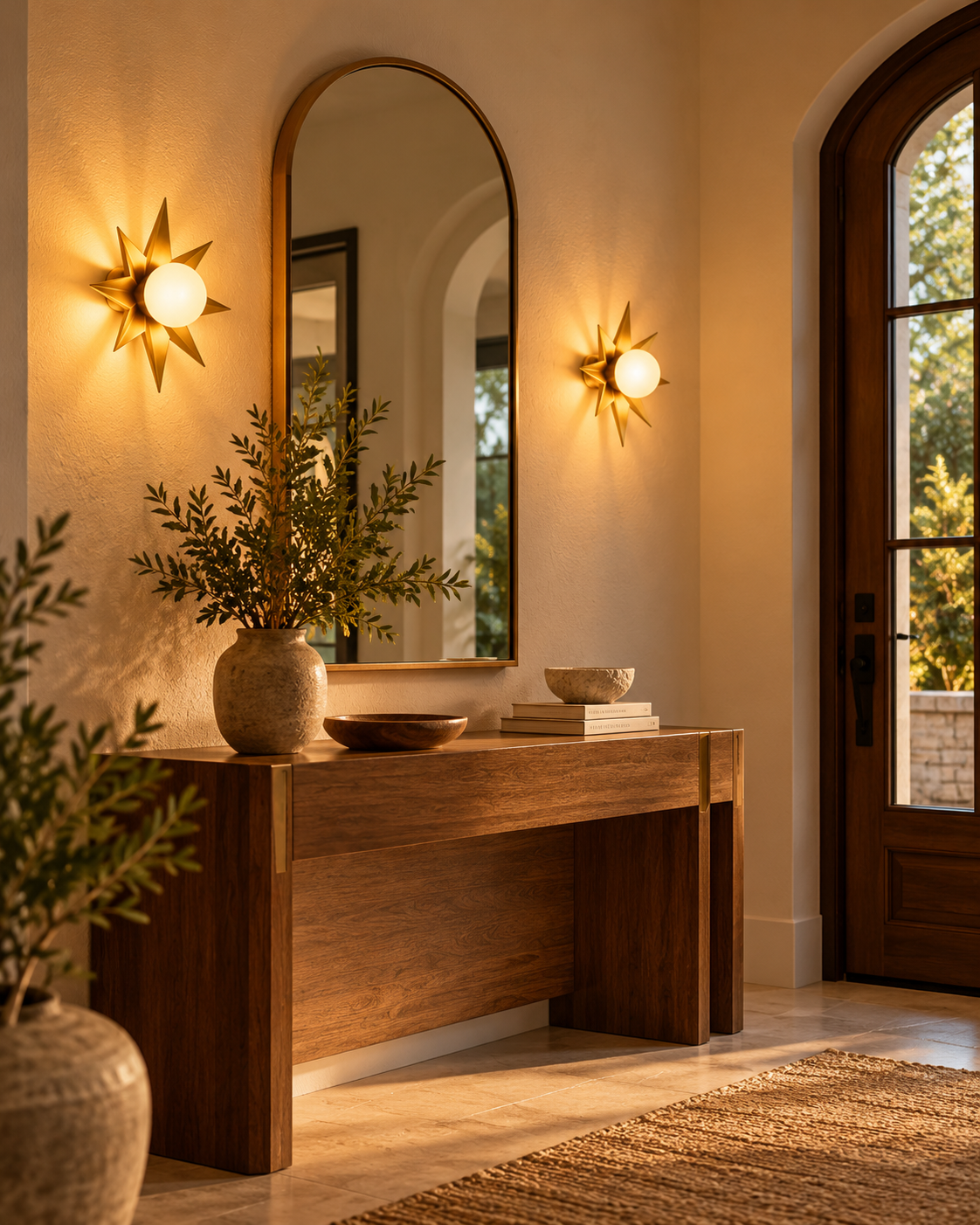 Gold starburst wall sconces illuminating an elegant entryway with an arched mirror, wooden console table, and warm neutral decor.