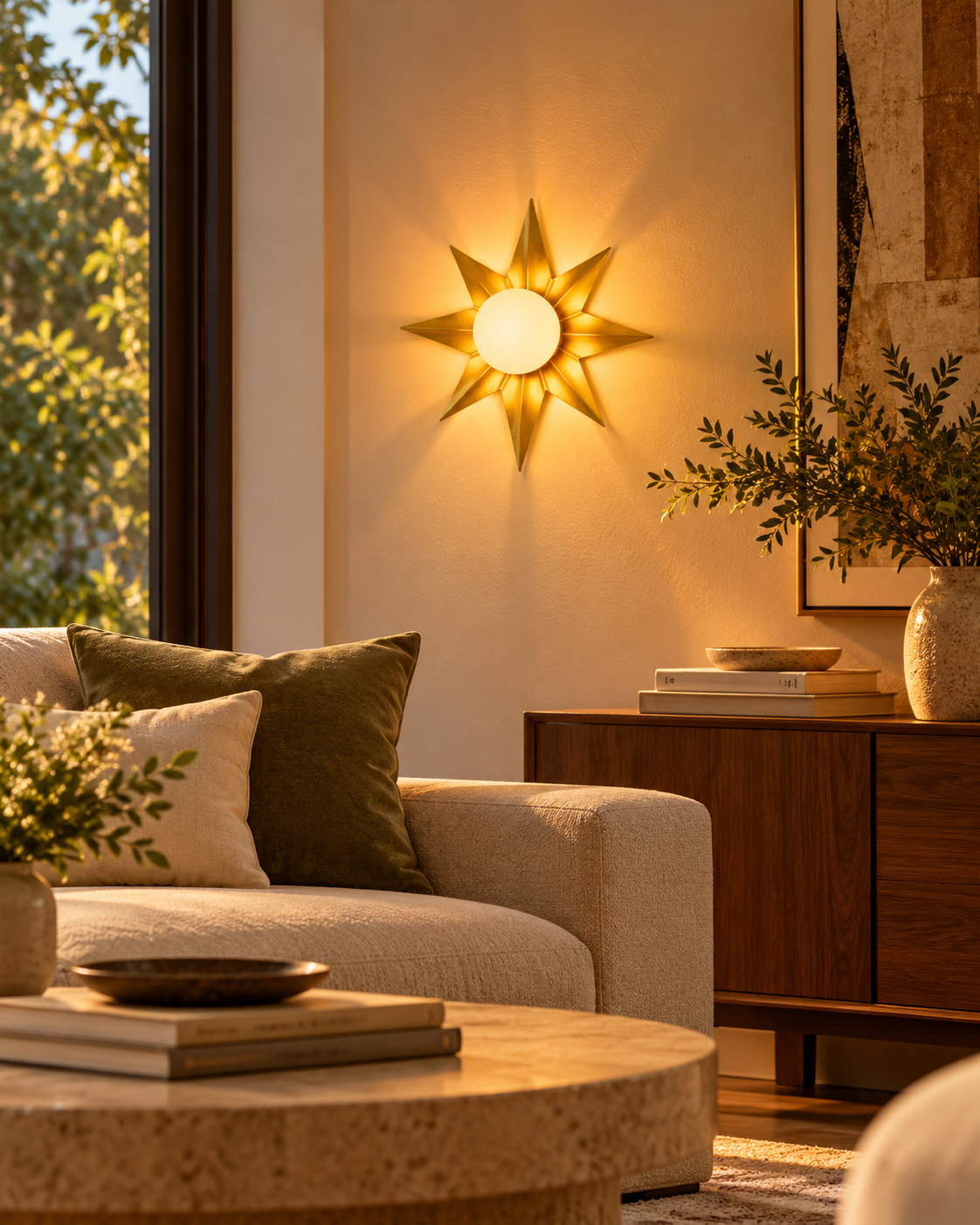 Illuminated gold starburst wall sconce above a wooden console beside a cream sofa in a cozy modern living room.