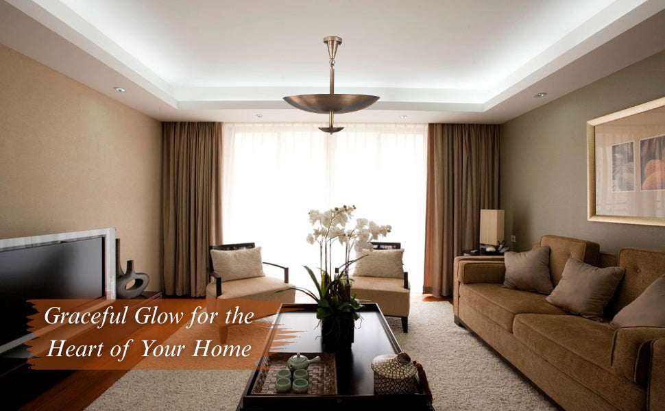 Elegant brass bowl ceiling light in a modern beige-toned living room with warm ambient lighting and contemporary furniture.