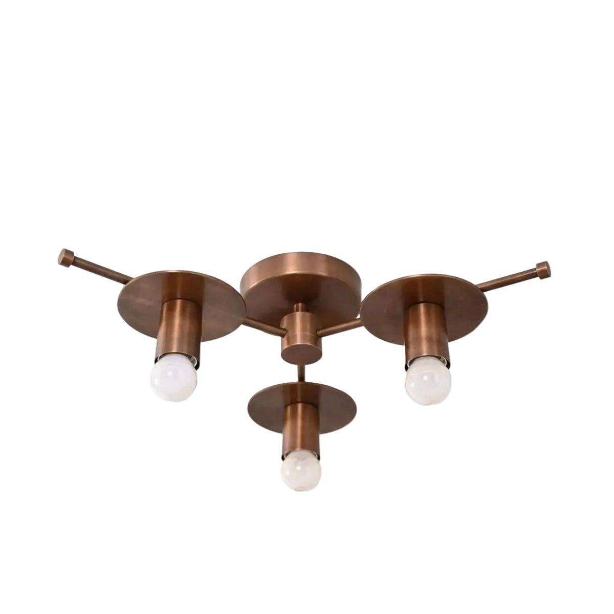 Granada 3 light Mid-Century Modern disc chandelier shown from an angled view highlighting its sculptural arms and bronze-tone finish.