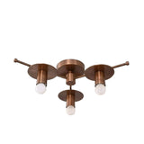 Granada 3 light Mid-Century Modern disc chandelier shown from an angled view highlighting its sculptural arms and bronze-tone finish.