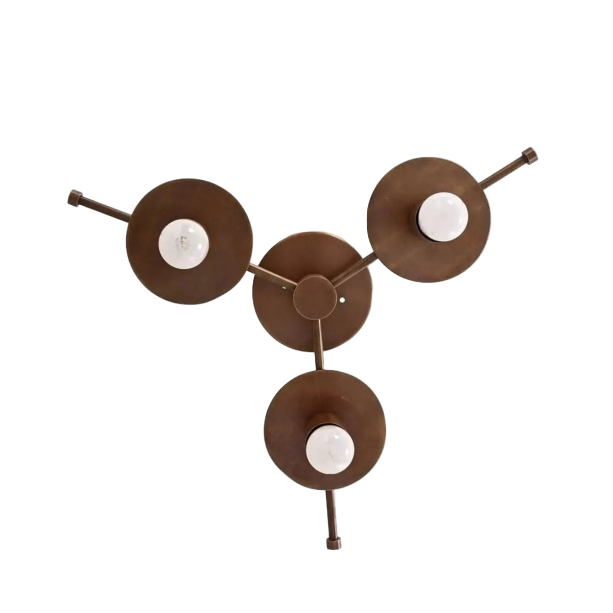 Granada 3 light sculptural ceiling fixture shown from below with three circular discs, exposed bulbs, and geometric branching arms.