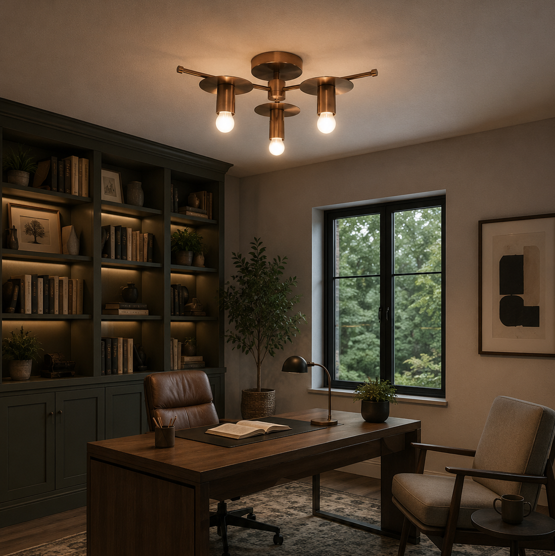 Granada 3 light bronze-tone sculptural disc chandelier illuminated on the ceiling of a warm contemporary home office.