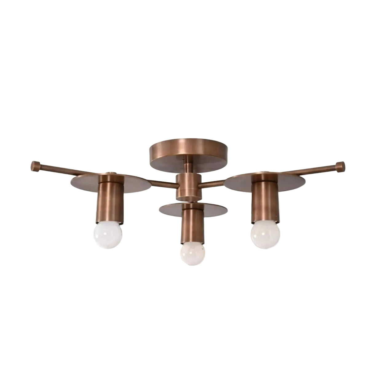 Granada 3 light bronze-tone disc chandelier shown from a straight front view with a compact flush-mount profile and exposed bulbs.
