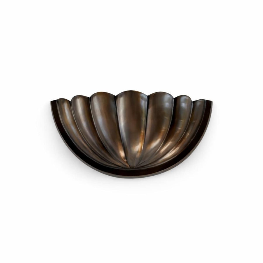 Brass Leaf Studio half-flower wall sconce in dark bronze/brass finish with fluted scallop bowl shade, front view on white background.