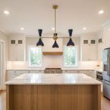 Hamburg 6 light navy blue and brass chandelier shown from an angled view with Mid-Century Modern double-cone shades.