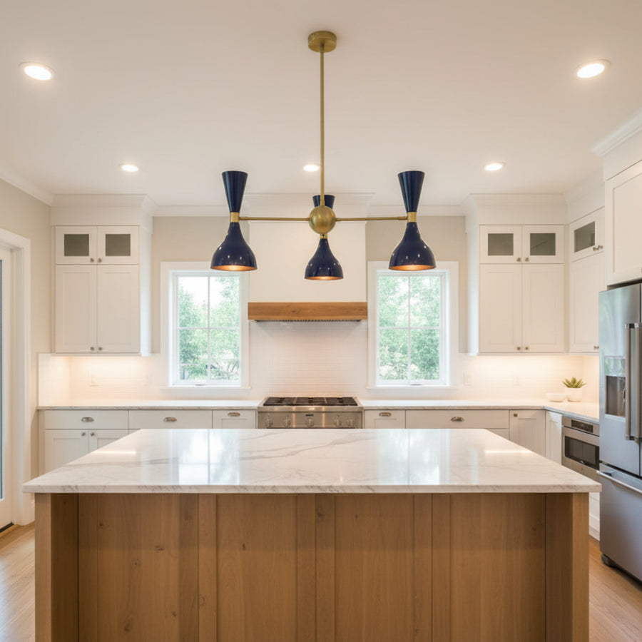 Hamburg 6 light navy blue and brass chandelier shown from an angled view with Mid-Century Modern double-cone shades.