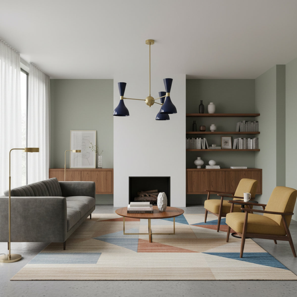 Hamburg 6 light navy blue and brass Sputnik chandelier shown from the front with sculptural double-cone shades.