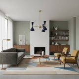 Hamburg 6 light navy blue and brass Sputnik chandelier shown from the front with sculptural double-cone shades.