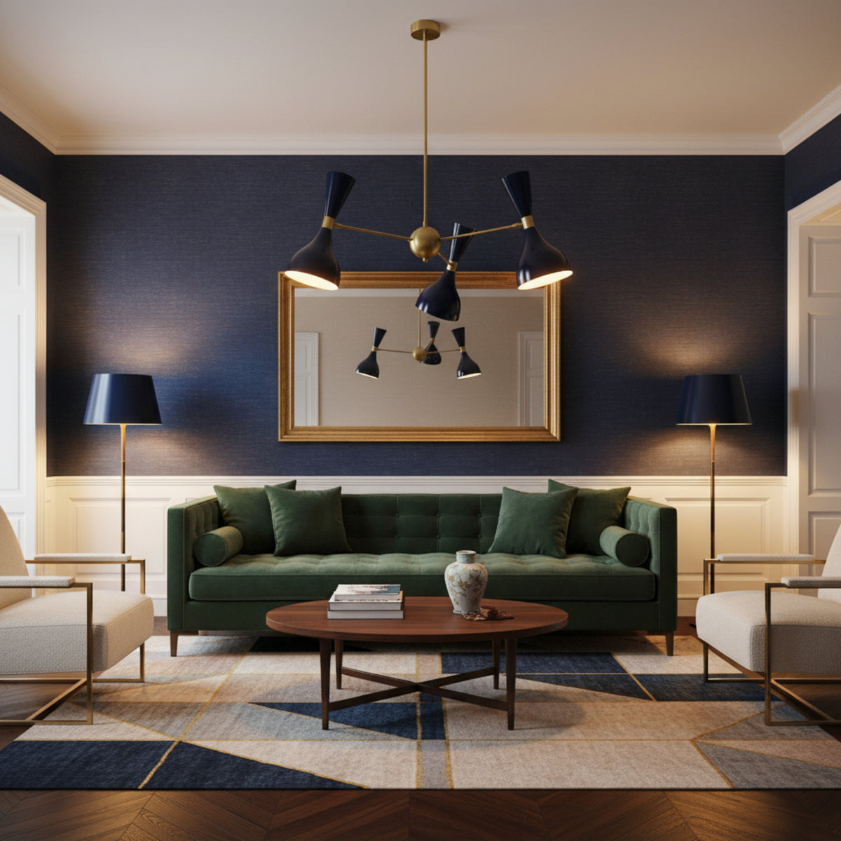 Hamburg 6 light double-cone chandelier shown in a full product view with navy blue shades, brass arms and round canopy.
