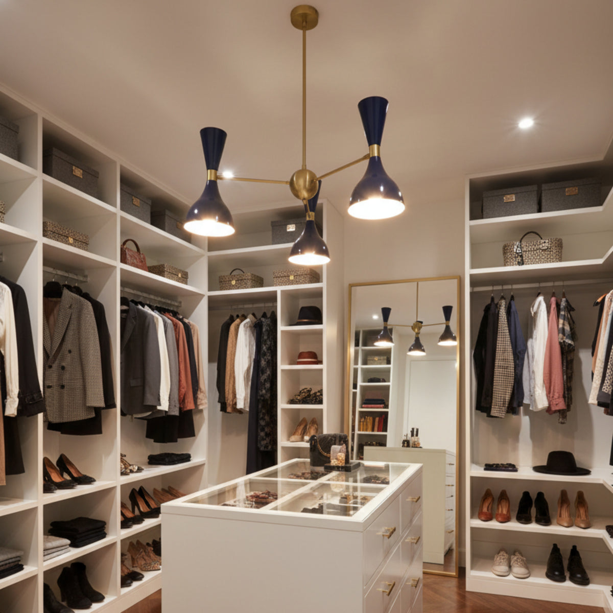 Hamburg 6 light Sputnik chandelier shown from the side highlighting navy blue double-cone shades and brass arms.