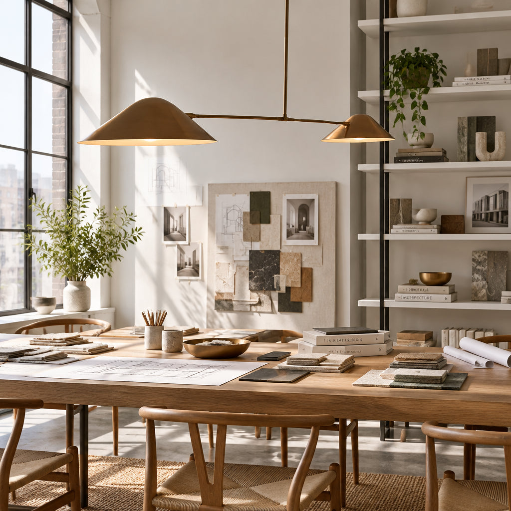 Hamburg 2 light linear chandelier shown from an angled view with brass cone shades and a slender dark metal frame.