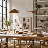 Hamburg 2 light linear chandelier shown from an angled view with brass cone shades and a slender dark metal frame.