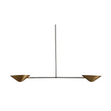 Hamburg 2 light linear chandelier shown from the back with wide brass cone shades and slim dark metal arms.