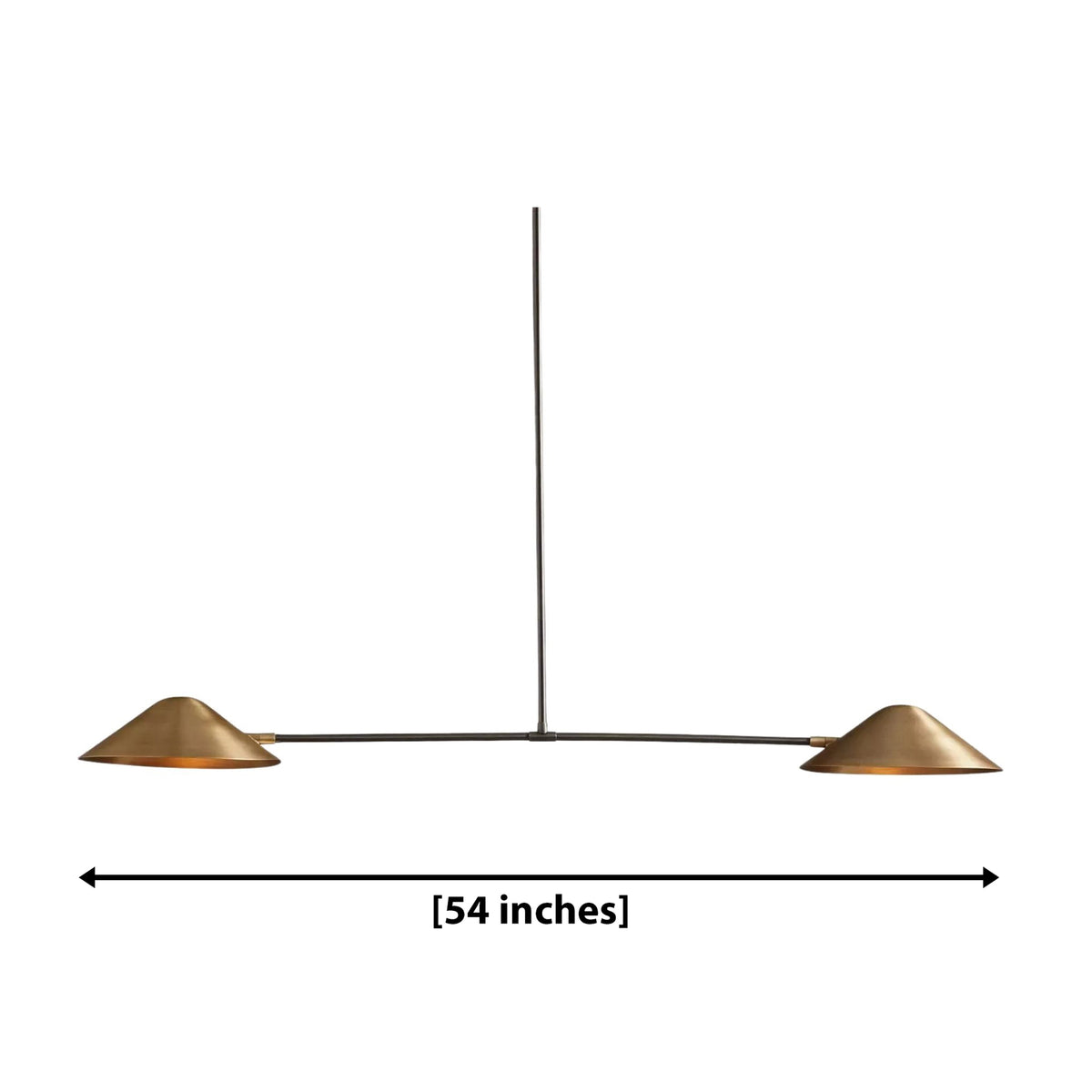 Hamburg 2 light linear cone chandelier dimension view showing a 54 inch overall width.