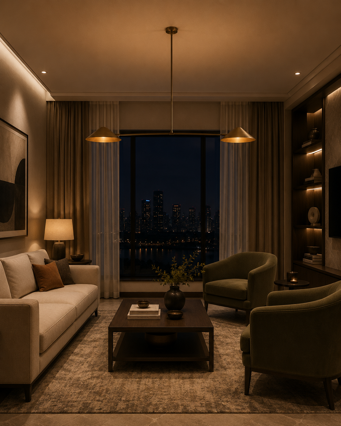 Hamburg 2 light brass linear cone chandelier displayed in an elegant contemporary living room with warm ambient lighting.