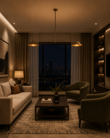 Hamburg 2 light brass linear cone chandelier displayed in an elegant contemporary living room with warm ambient lighting.