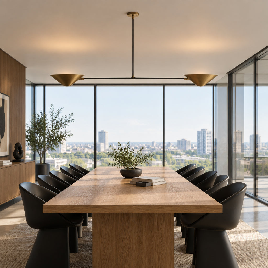 Rear view of the Hamburg 2 light linear chandelier highlighting the sculptural brass cone shades and minimalist frame.