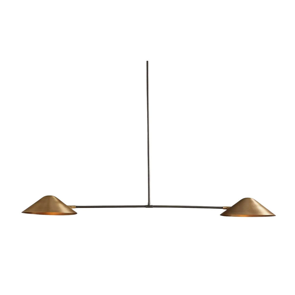 Hamburg 2 light brass cone chandelier featuring an elongated horizontal frame and balanced two-light design.