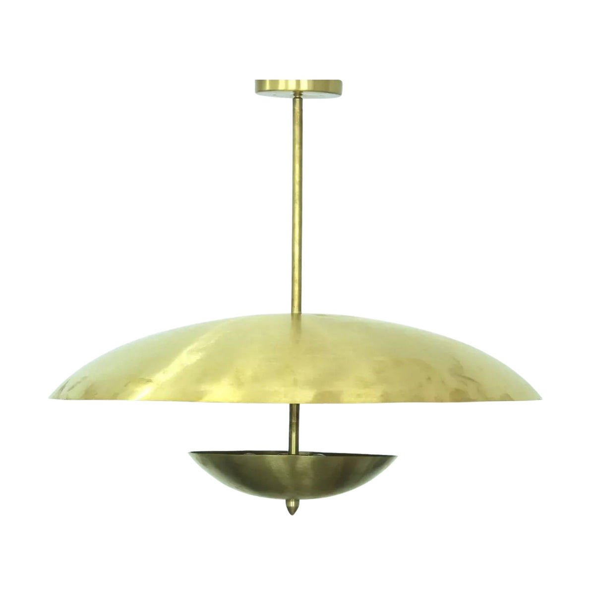 Hamptons 3 light Mid-Century Modern chandelier shown from an alternate front view with a broad brass dome and suspended bowl detail.