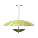Hamptons 3 light Mid-Century Modern chandelier shown from an alternate front view with a broad brass dome and suspended bowl detail.