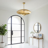 Hamptons 3 light sculptural chandelier shown from below highlighting the broad dome shade, suspended lower bowl, and brass-tone construction.