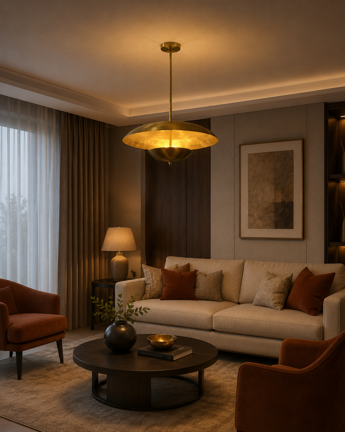 Hamptons 3 light brass-tone dome chandelier illuminated in a warm contemporary living room with elegant Mid-Century Modern styling.