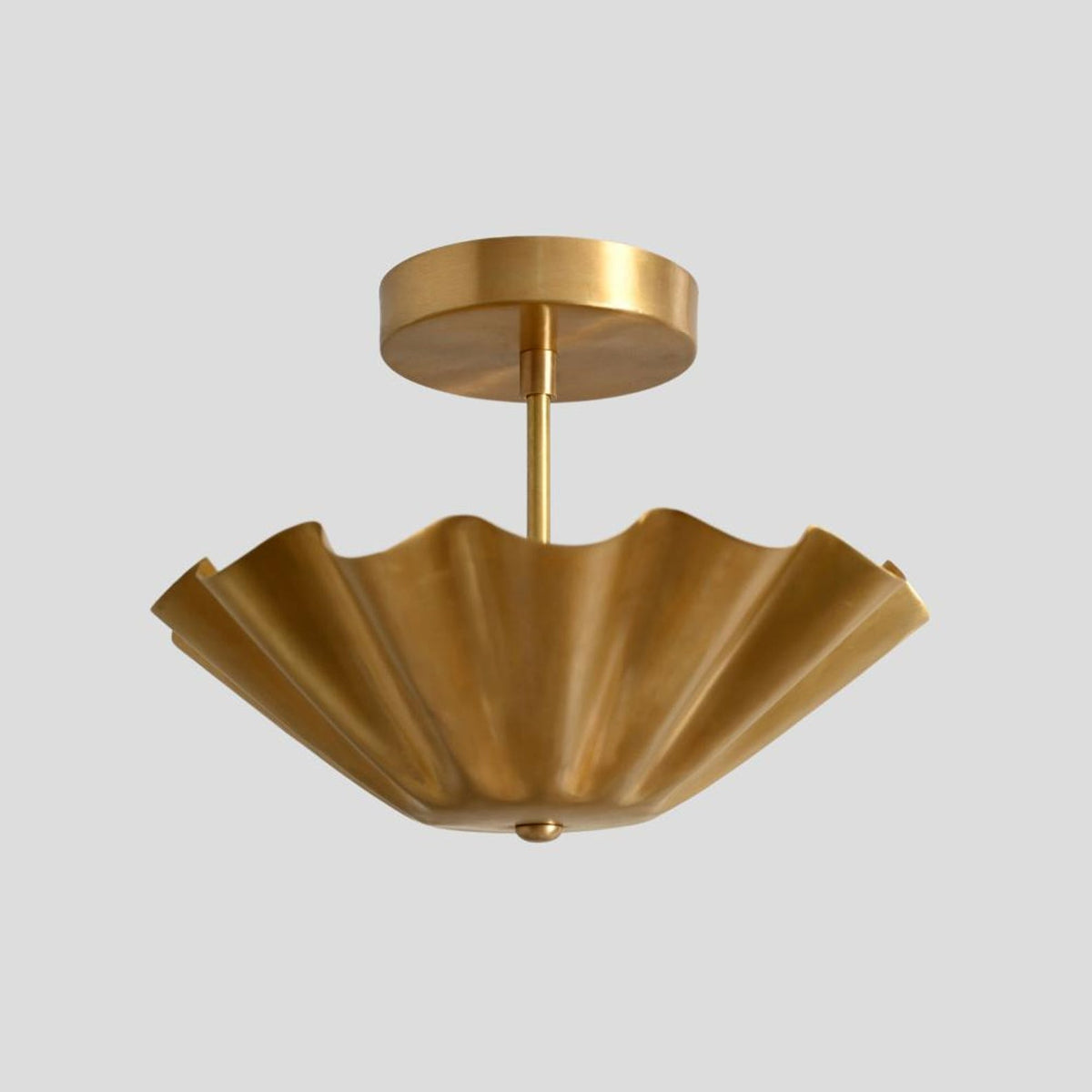 Handmade brass ruffled semi-flush mount ceiling light with scalloped shade and elegant detailing