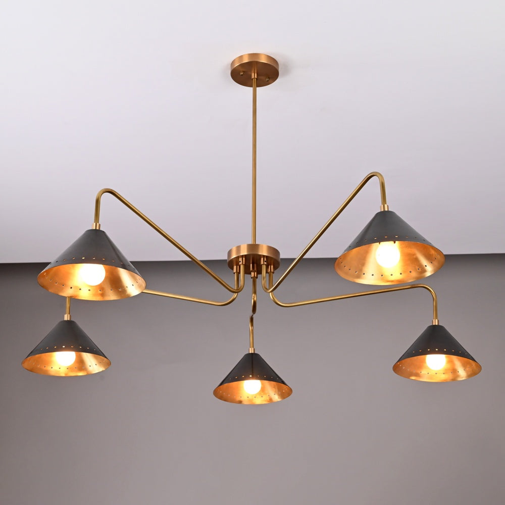 Handmade chandelier with bold cone-shaped black shades and brass hardware for stylish spaces.