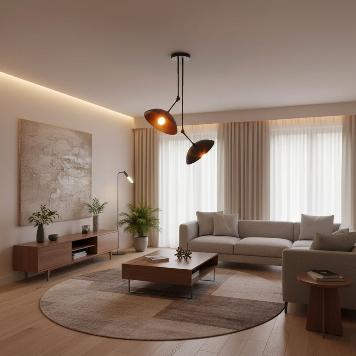Hanoi 2 light dark metal disc chandelier shown from an angled view with sculptural shades and articulated arms.