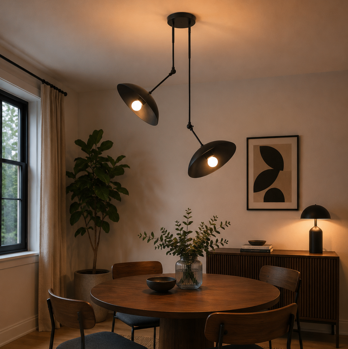 Hanoi 2 light dark disc chandelier illuminated above a round dining table in a warm Mid-Century Modern dining room.