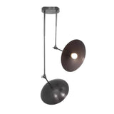 Hanoi 2 light sculptural disc chandelier shown from the side highlighting its asymmetric suspension and articulated metal arms.