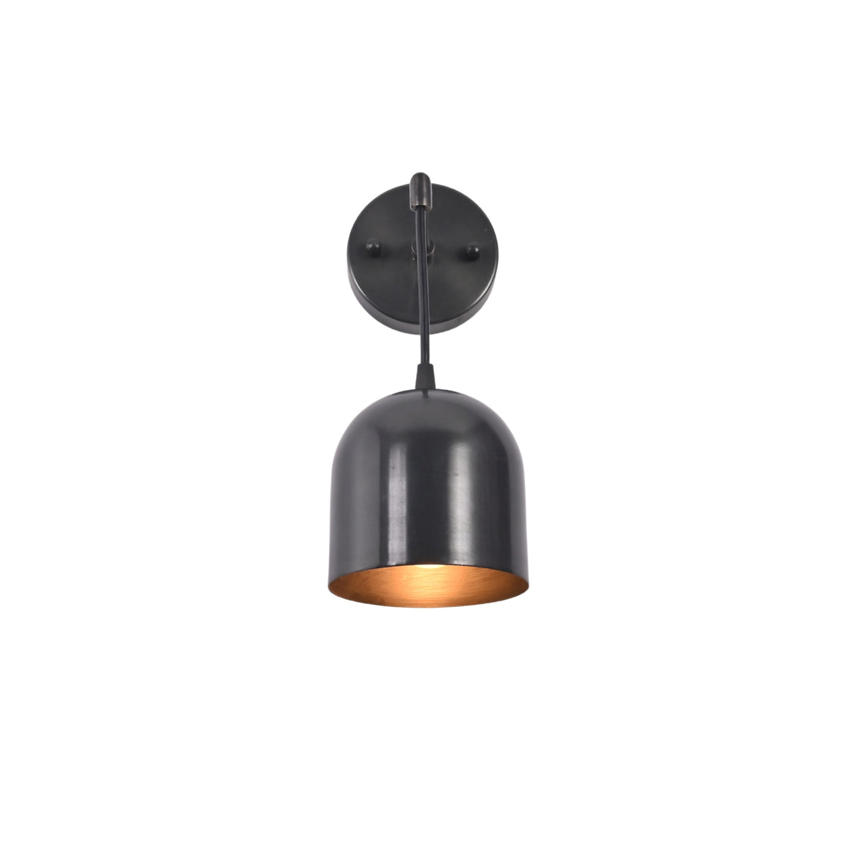 Front view of Harlow modern black dome wall sconce with handcrafted rounded metal shade and minimalist horizontal arm