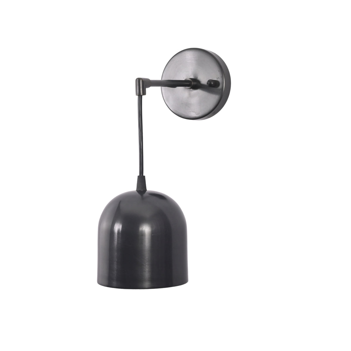 Angled front view of Harlow modern black dome wall sconce with handcrafted rounded metal shade and minimalist profile.