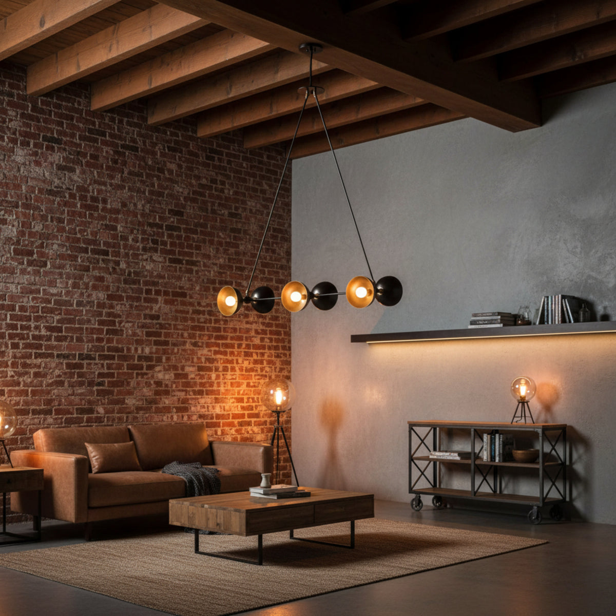 Helsinki 6 light linear chandelier shown from an angled view with black disc shades, warm brass interiors and dual suspension rods.