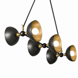 Helsinki 6 light chandelier close-up highlighting the sculptural double disc shades, black finish and warm brass interiors.