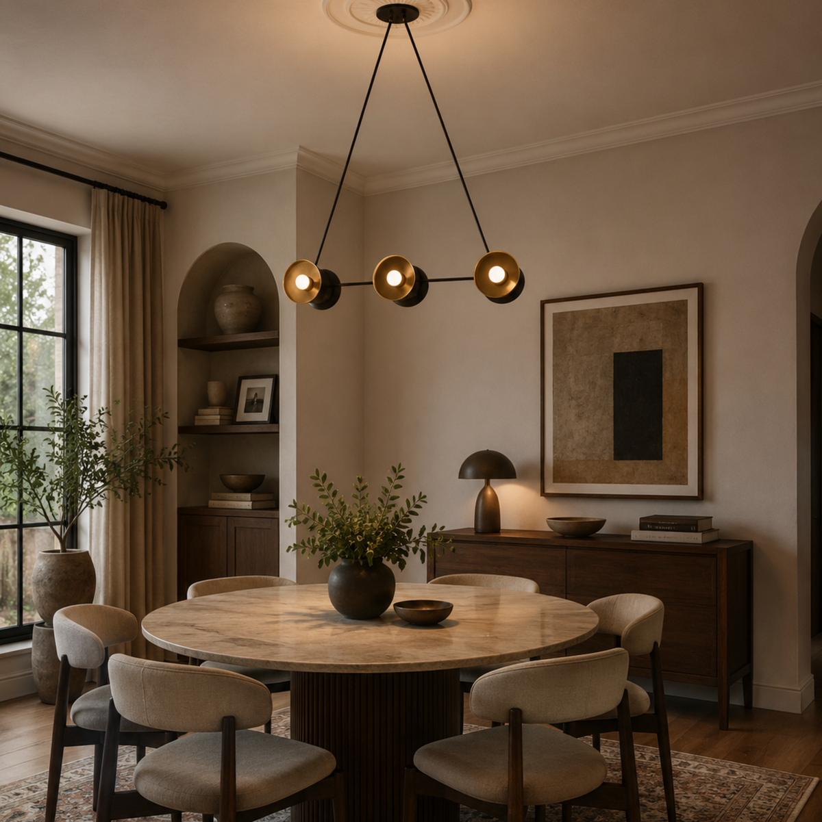 Helsinki 6 light chandelier close-up highlighting the sculptural double disc shades, black finish and warm brass interiors.