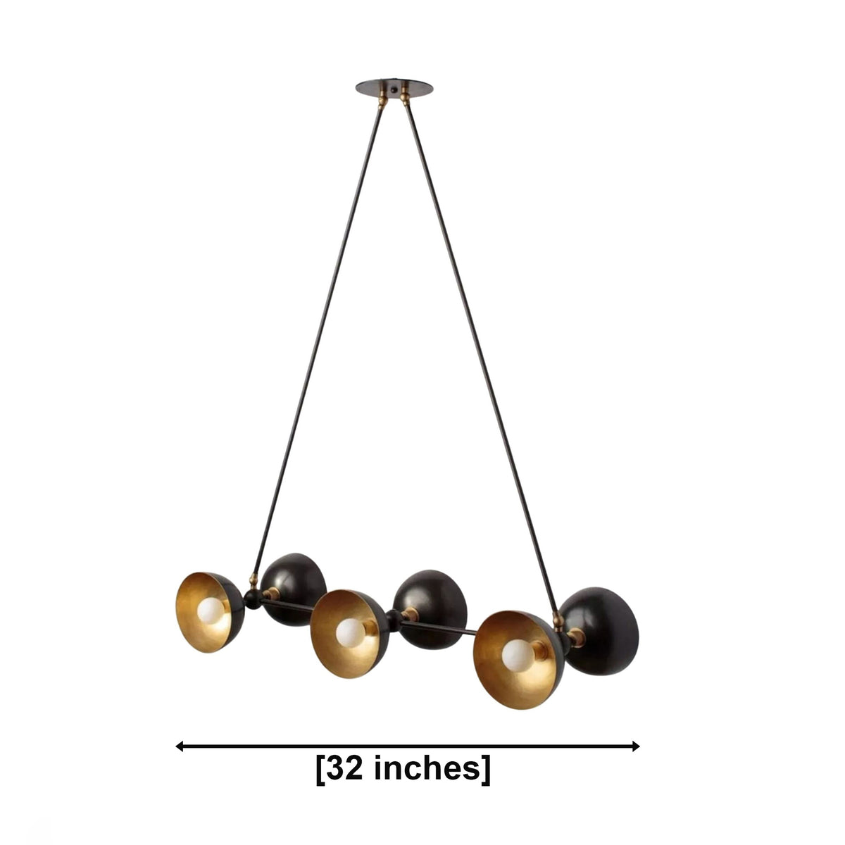 Helsinki 6 light black and brass linear chandelier dimension view showing an overall width of 32 inches.